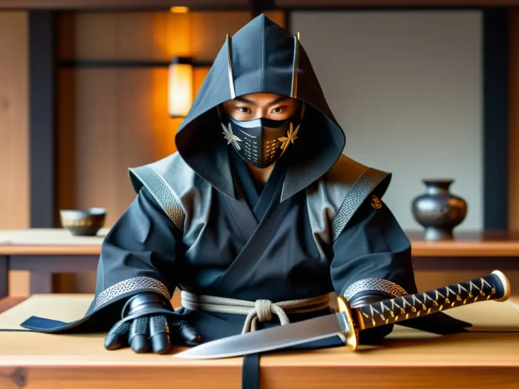 Accesorios básicos para practicar Ninjutsu: Detallada imagen de un atuendo ninja tradicional, armas arrojadizas y un dojo tenue al fondo