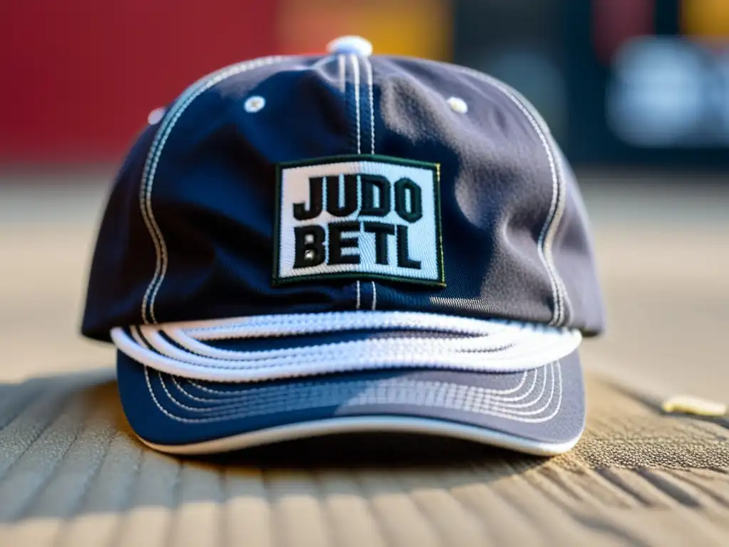 Accesorios de judo para gorras: Detalle de un cinturón negro de judo atado a una gorra de béisbol, fusionando artes marciales y moda urbana