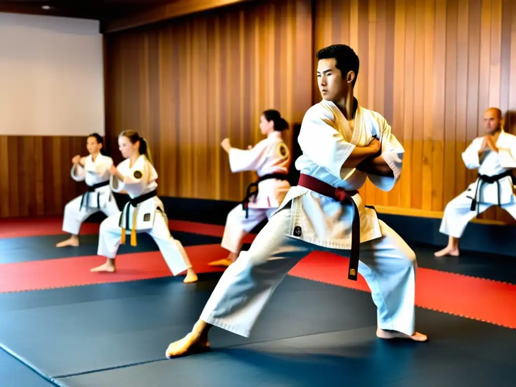 Acondicionamiento físico para artes marciales: Sensei lidera entrenamiento intenso en un dojo tradicional, mostrando disciplina y dedicación