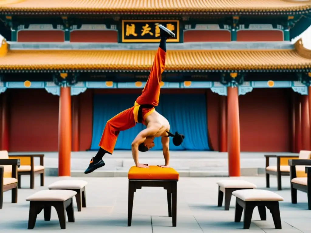 Acrobacias en el Shaolin Kung Fu: Un acróbata en equilibrio sobre sillas, con el Templo Shaolin de fondo, demostrando fuerza y control