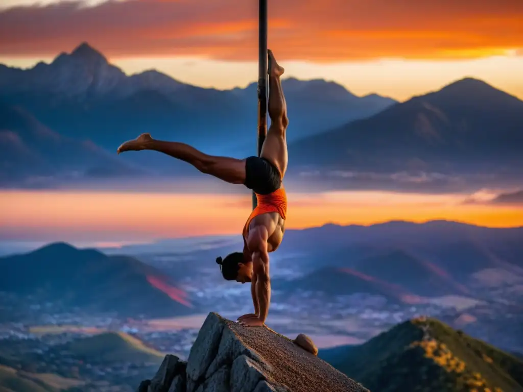 Un acróbata equilibrándose en una mano sobre un poste estrecho, con un atardecer vibrante de fondo