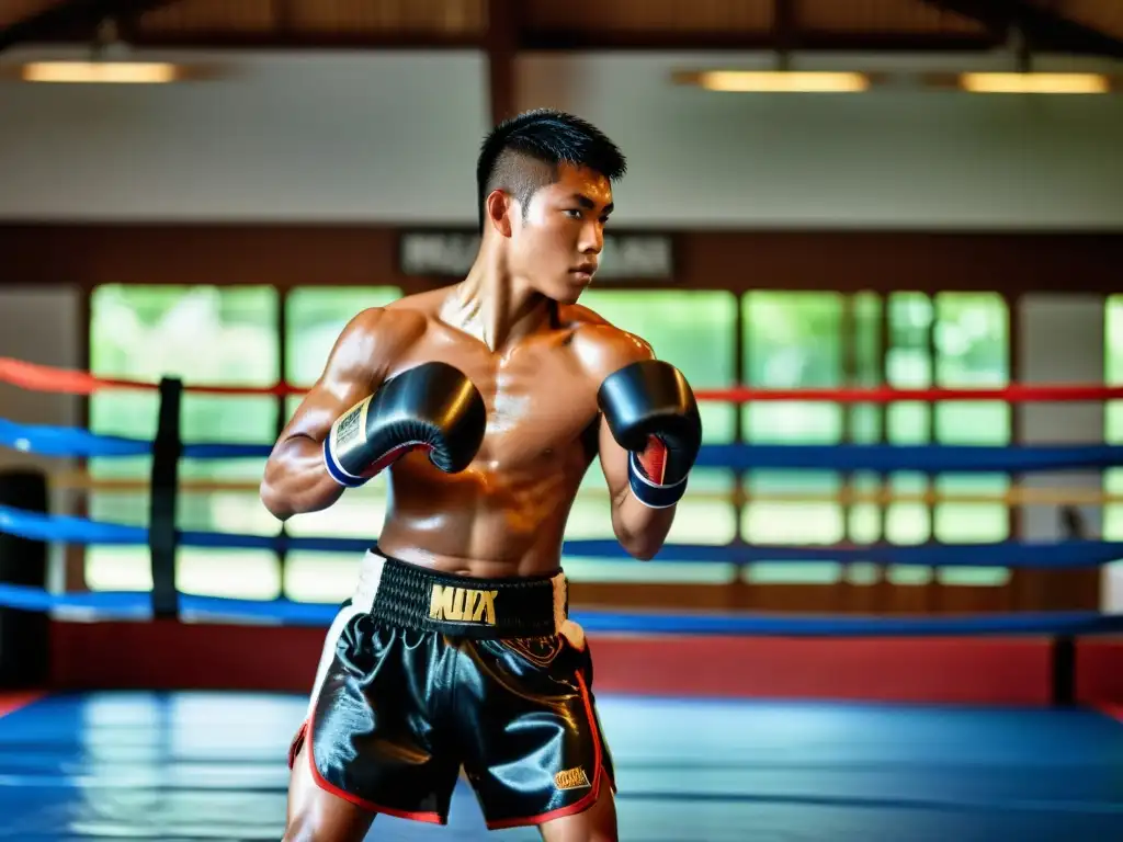 Un adolescente practica Muay Thai con determinación en un gimnasio tradicional, mostrando los beneficios del Muay Thai en la adolescencia