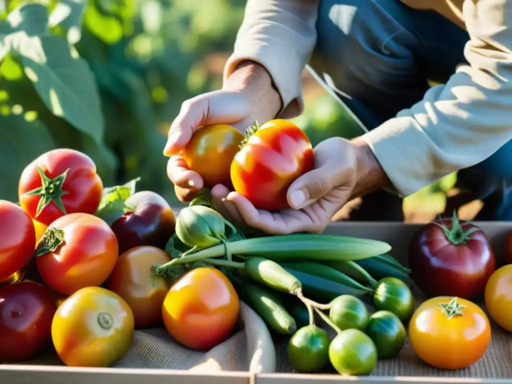 Un agricultor inspecciona con cuidado una variedad de frutas y verduras orgánicas recién cosechadas, bañadas por la cálida luz del sol