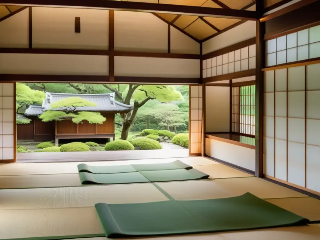 Aikido y la Armonía de la Naturaleza: Dojo sereno en medio de la naturaleza exuberante, donde la luz natural ilumina la práctica armoniosa de Aikido