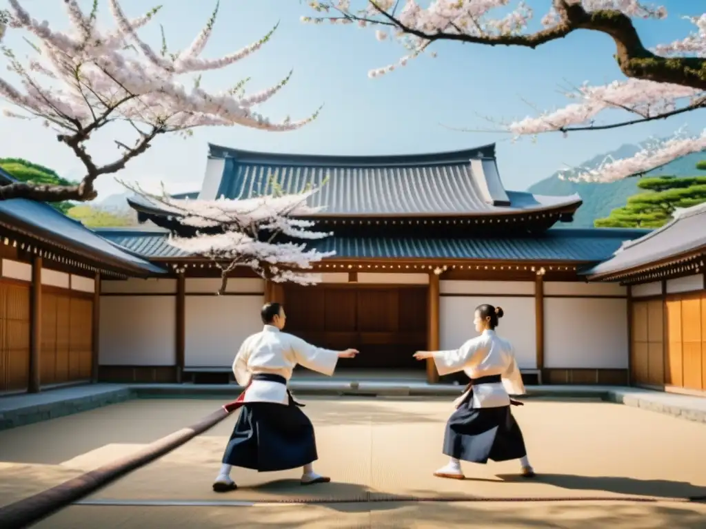 Aikido y armonía en Japón: Practicantes de Aikido en un tranquilo templo japonés, bajo la guía de un sensei, entre cerezos en flor