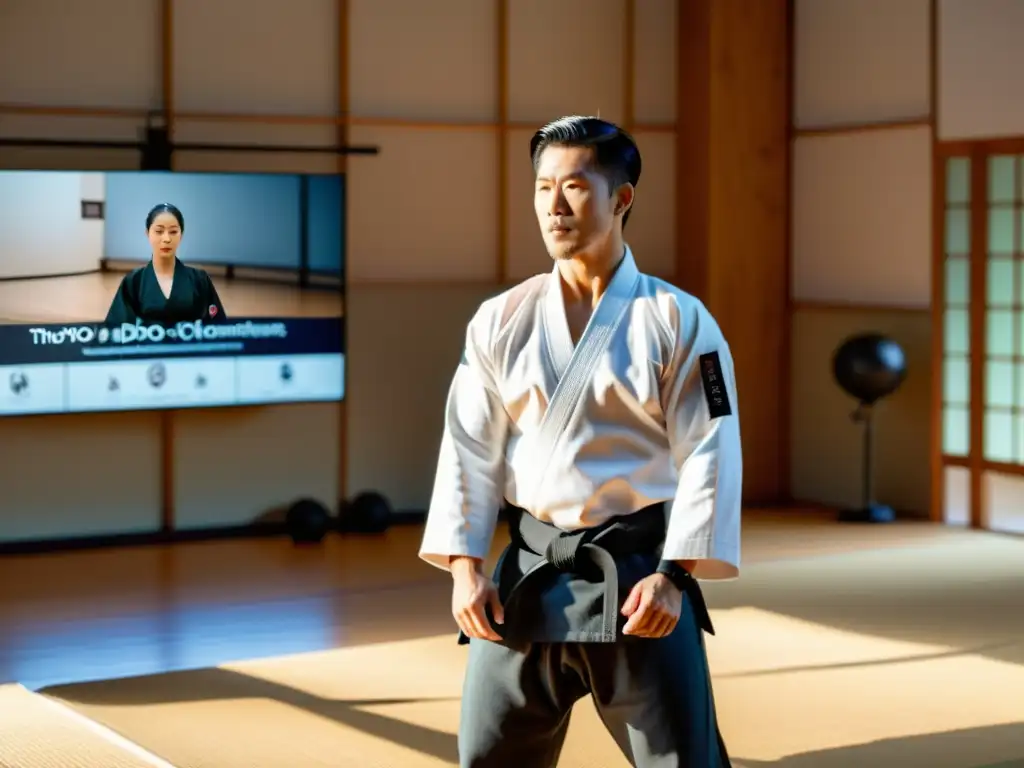 Aikido en la Era Digital: Instructor lidera clase en línea, rodeado de participantes virtuales, transmitiendo armonía y enfoque