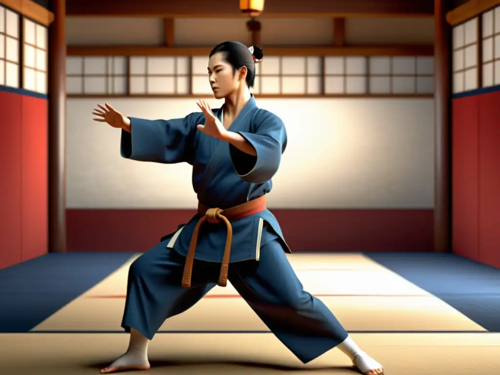 Aikido en la Era Digital: Personaje de videojuego practicando técnicas de Aikido en un dojo digital, con movimientos fluidos y expresiones serenas