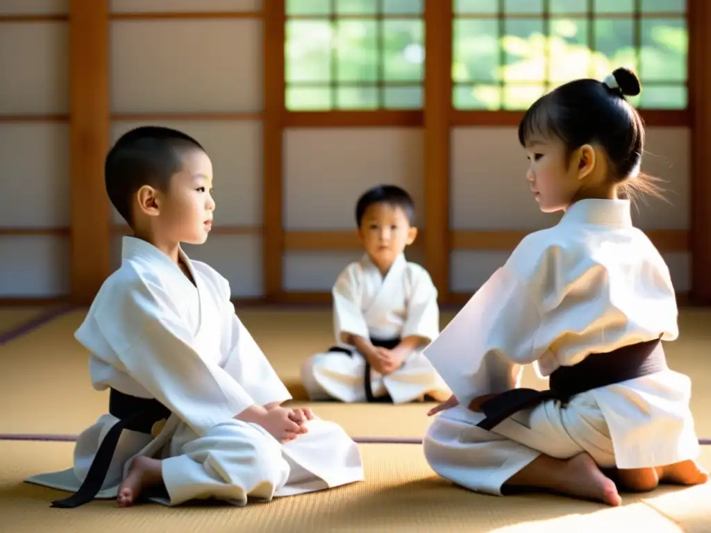 Aikido para niños: concentración y disciplina en un dojo soleado, practicando técnicas con gracia y determinación