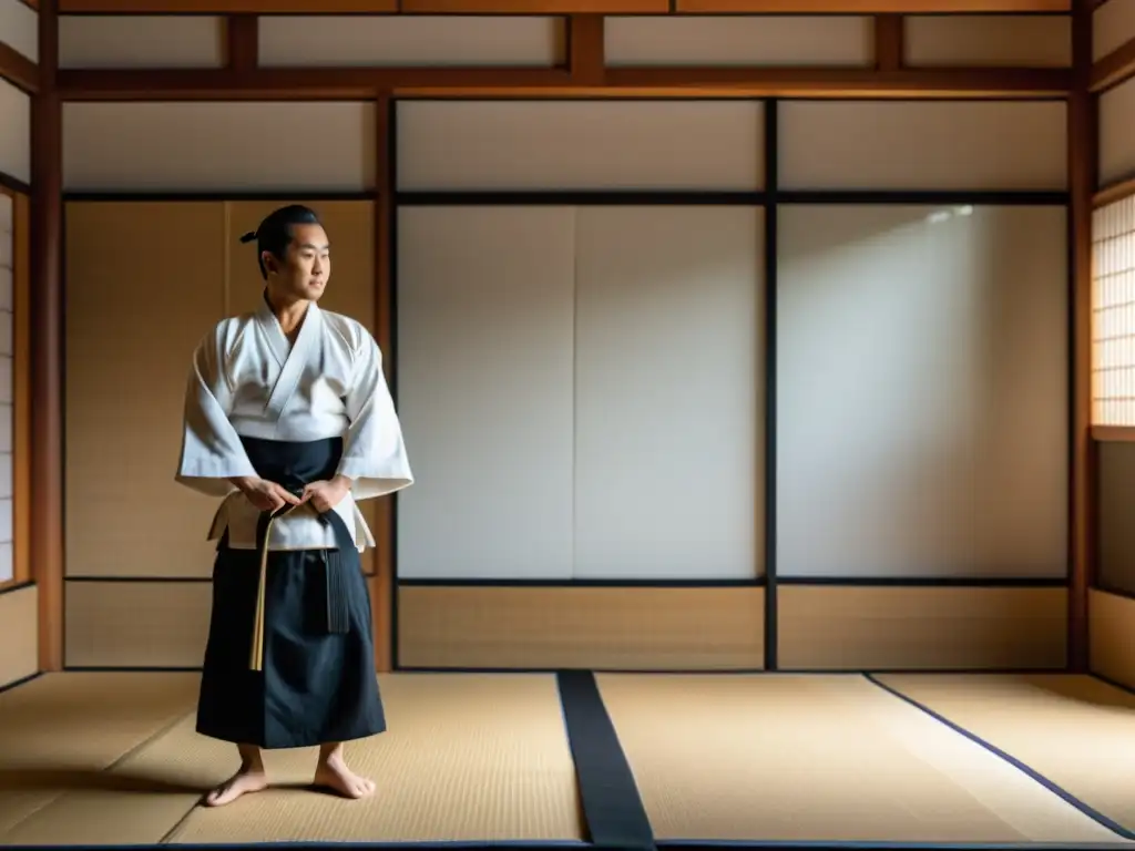 Práctica de Aikido en un dojo sereno con una atmósfera de tradición y modernidad en la Era Digital