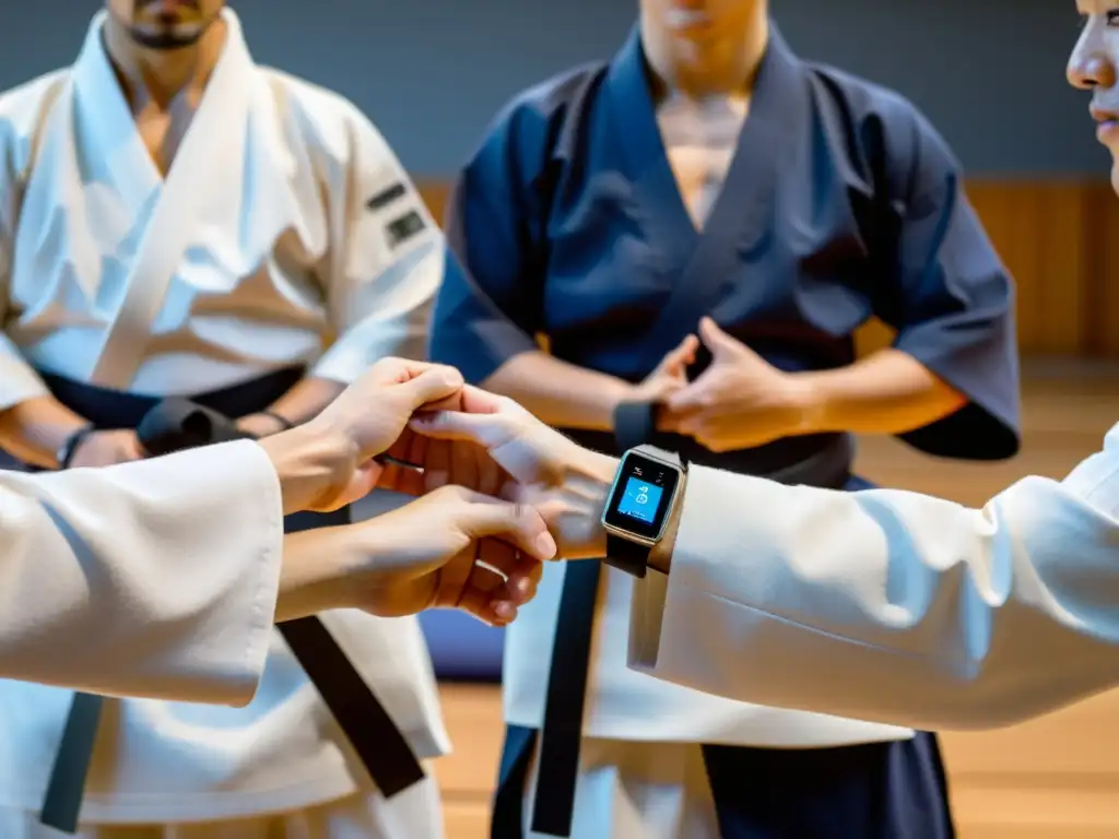 Aikido entrenamiento con tecnología wearable: Practicantes fluidos y precisos, integrando la tradición con la tecnología en un dojo luminoso