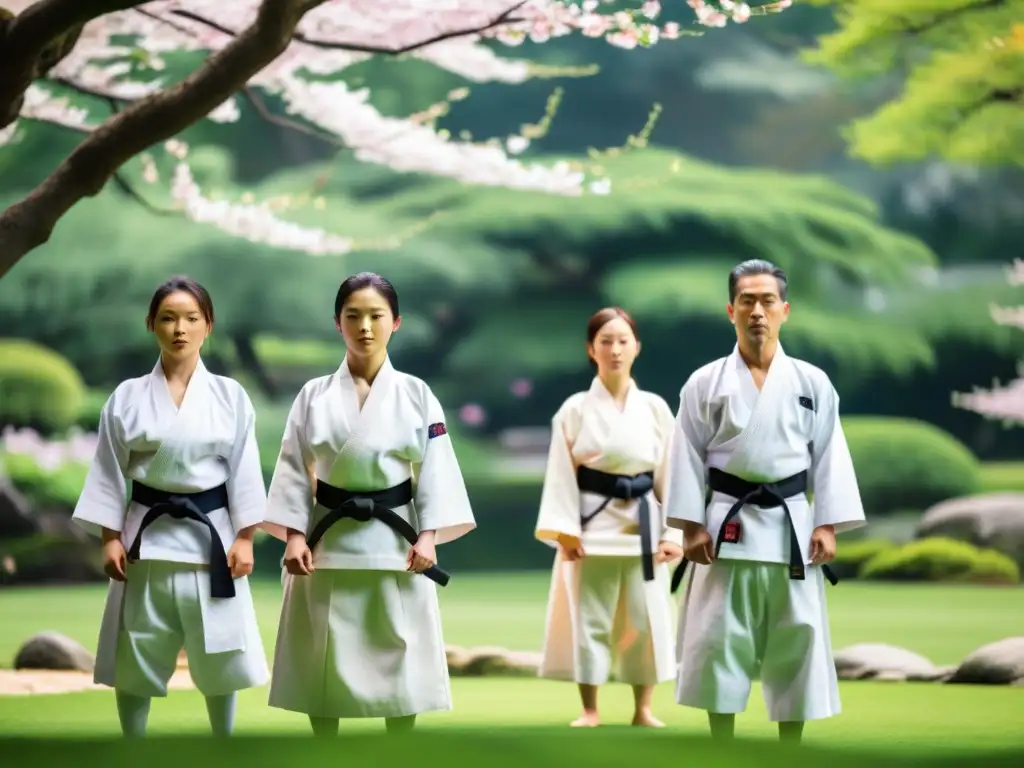 Práctica de Aikido en un jardín japonés con árboles de cerezo en flor