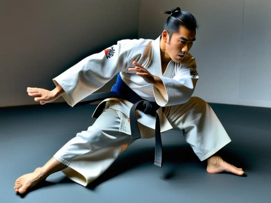 Kenji Tomiki demostrando la unificación Aikido Judo con precisión y gracia en un dojo japonés