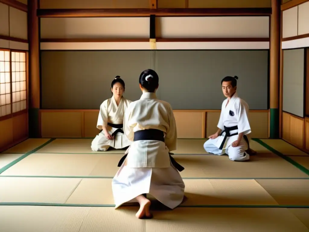 Aikido practicado en un dojo tradicional japonés, con una atmósfera serena y concentrada