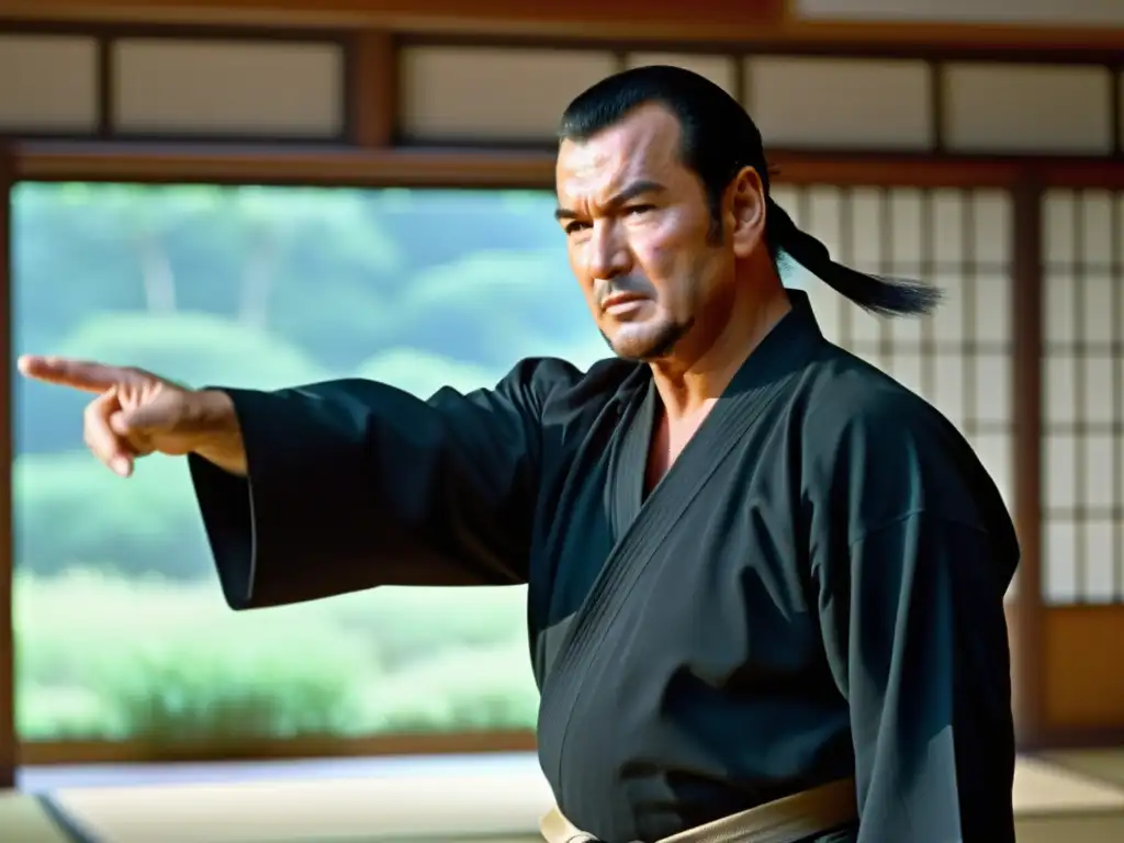 Steven Seagal demostrando Aikido con precisión en el set de una película, destacando su influencia en la crítica cinematográfica