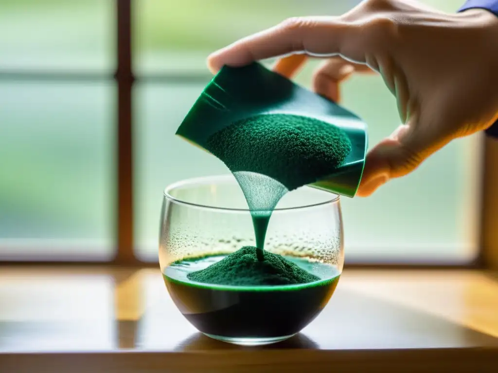 Un aikidoka vierte polvo de espirulina en un vaso de agua, resaltando los beneficios superalimentos para practicantes Aikido