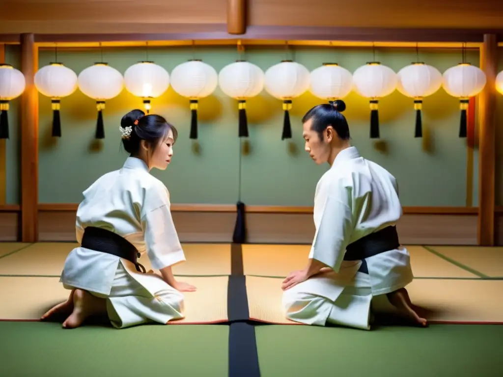 Aikidokas mostrando la importancia de la etiqueta en Aikido, al inclinarse con respeto en el dojo, iluminado por suaves faroles japoneses