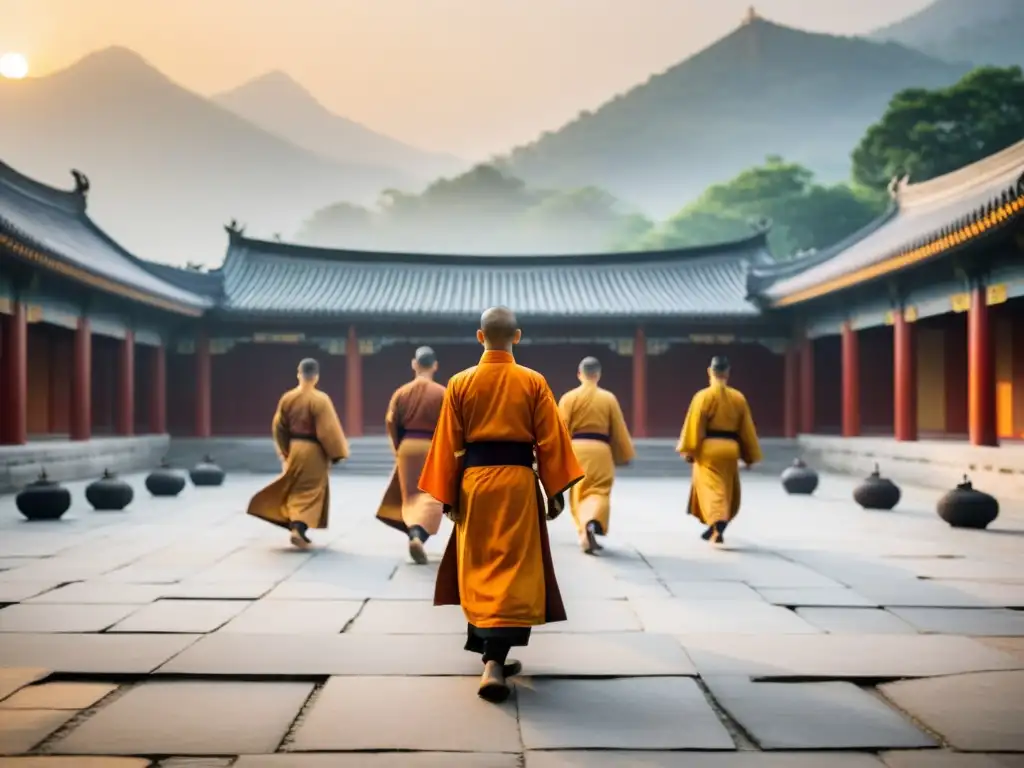 Un amanecer sereno y brumoso en el Templo Shaolin