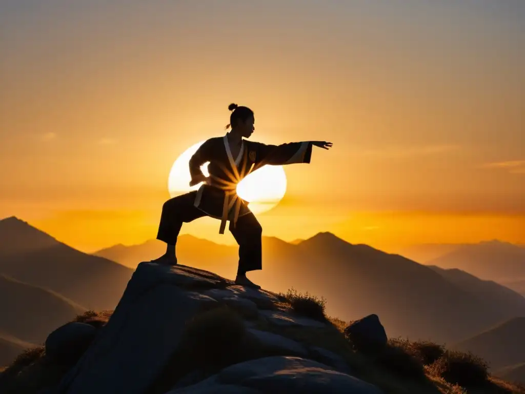 Un amanecer sereno en la cima de una montaña cubierta de niebla, donde un artista marcial practica Kung Fu