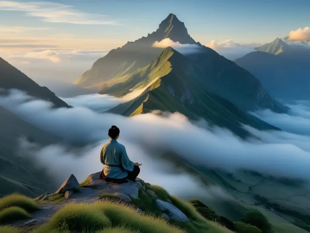 Un amanecer sereno con montañas cubiertas de niebla, una figura practicando Tai Chi con gracia, evocando paz y equilibrio