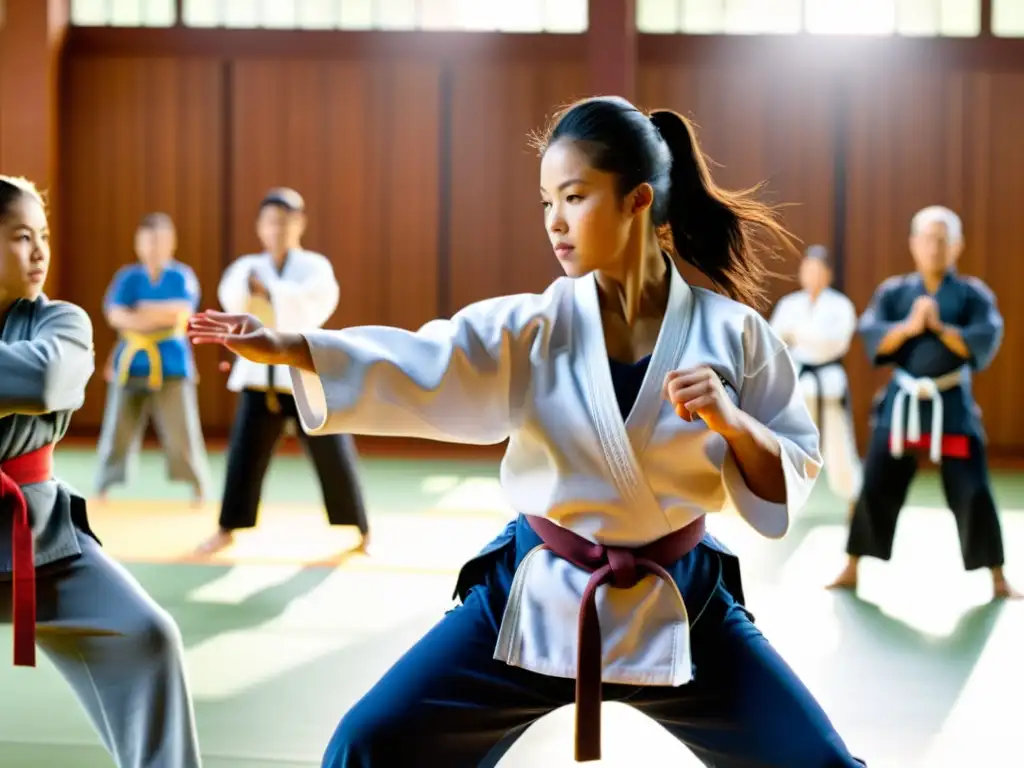 Un ambiente inclusivo de artes marciales con práctica variada y dinámica, reflejando la expansión y la inclusión en las artes marciales