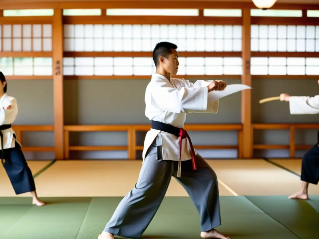 Un ambiente sereno en un dojo de artes marciales, donde el sensei guía a sus estudiantes con gracia y disciplina