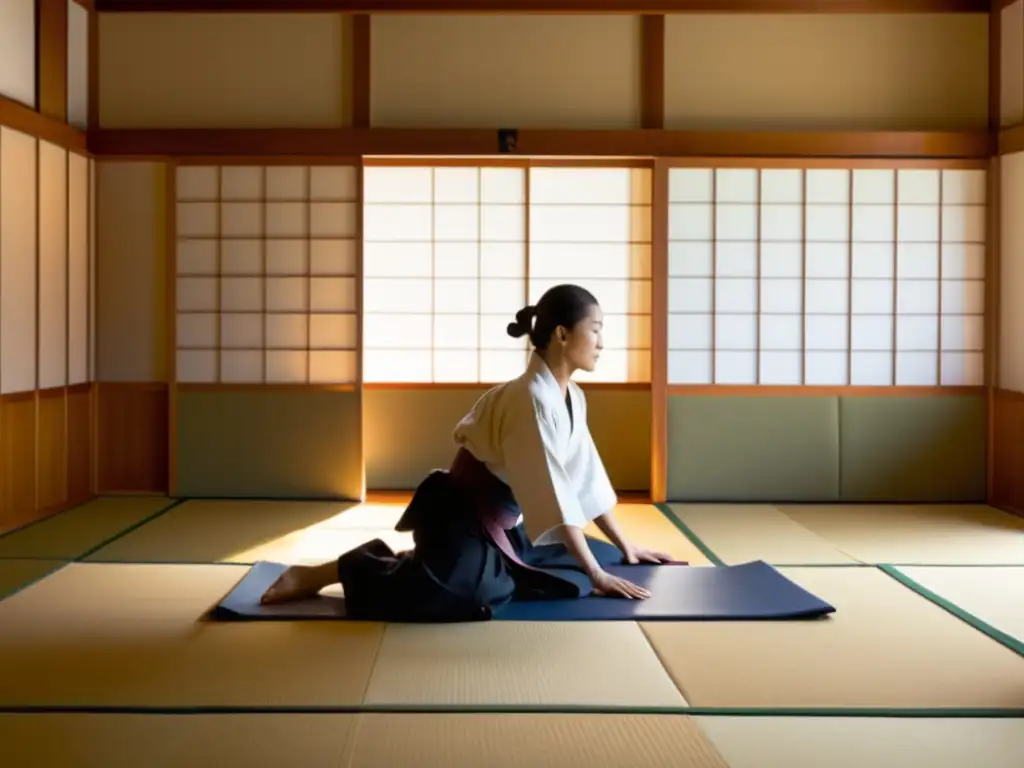 Ambiente sereno en dojo tradicional, práctica armoniosa de Aikido bajo luz natural, reflejando la conexión con la naturaleza y la búsqueda de armonía