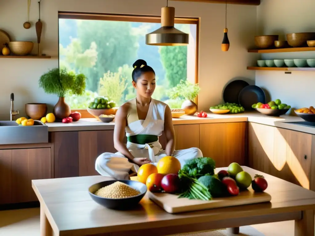 Un ambiente sereno con frutas, verduras y un artista marcial meditando, en armonía con la nutrición para la meditación marcial