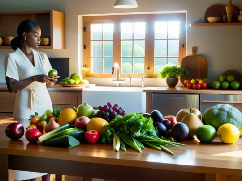 Un ambiente tranquilo en una cocina iluminada, con una mesa de madera y una variedad de frutas y verduras frescas