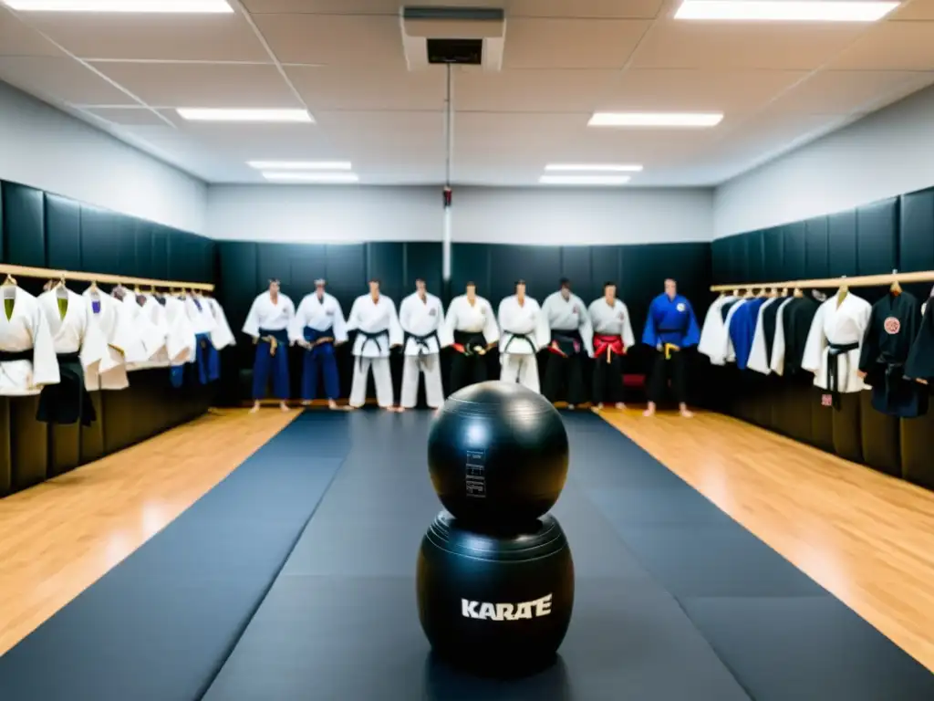 Amplia variedad de ropa de entrenamiento artes marciales en un dojo lleno de estudiantes comprometidos en su práctica