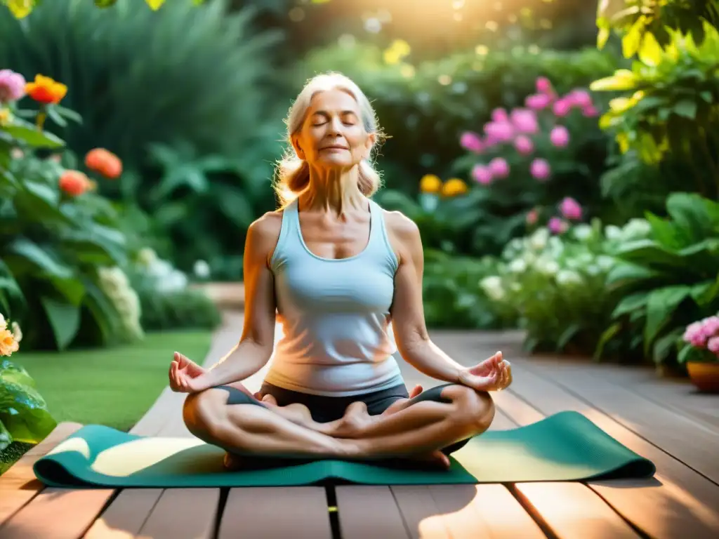 'Una anciana practica Tai Chi en un jardín tranquilo, rodeada de flores y naturaleza exuberante, irradiando equilibrio y paz interior