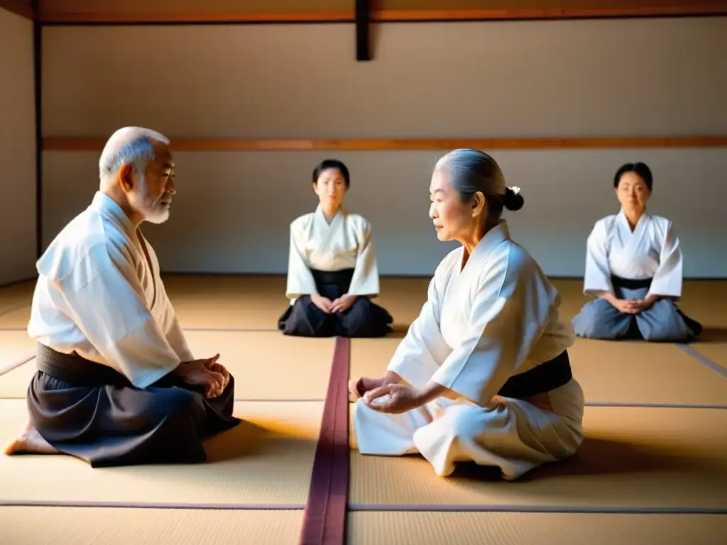 Un anciano ejecuta elegantes técnicas de Aikido en un dojo sereno, rodeado de practicantes de todas las edades