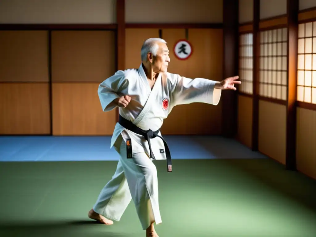 Un anciano ejecuta con gracia un movimiento de karate en un dojo, mostrando fuerza y determinación