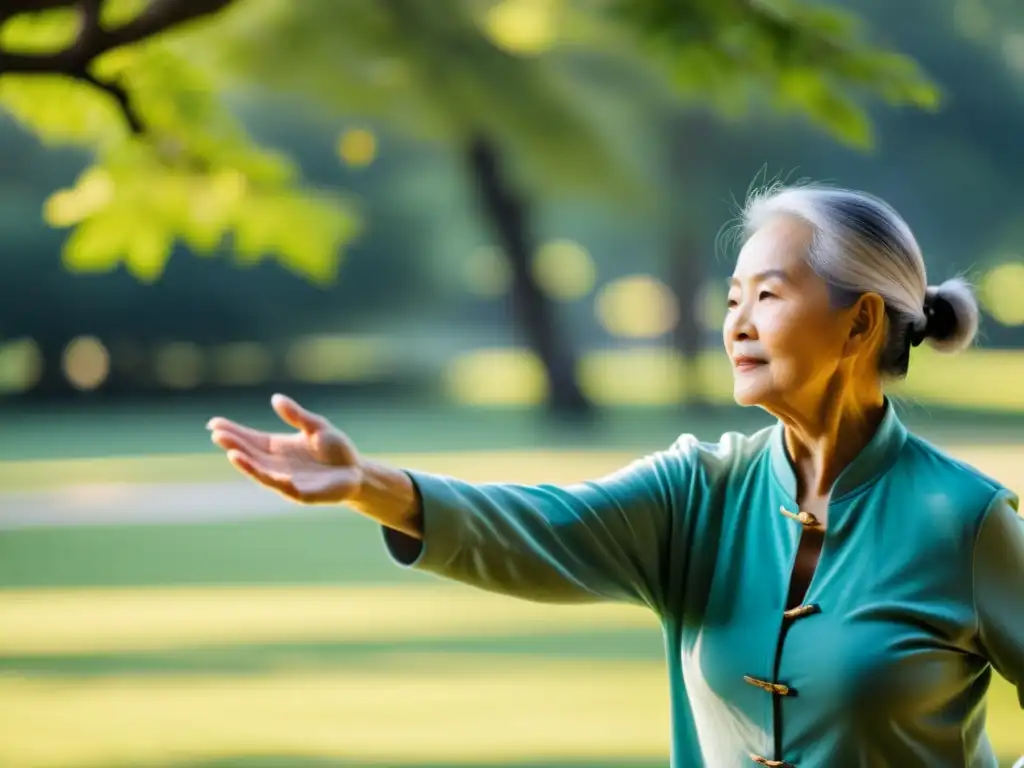 Un anciano realiza tai chi con gracia en un parque sereno, rodeado de vegetación