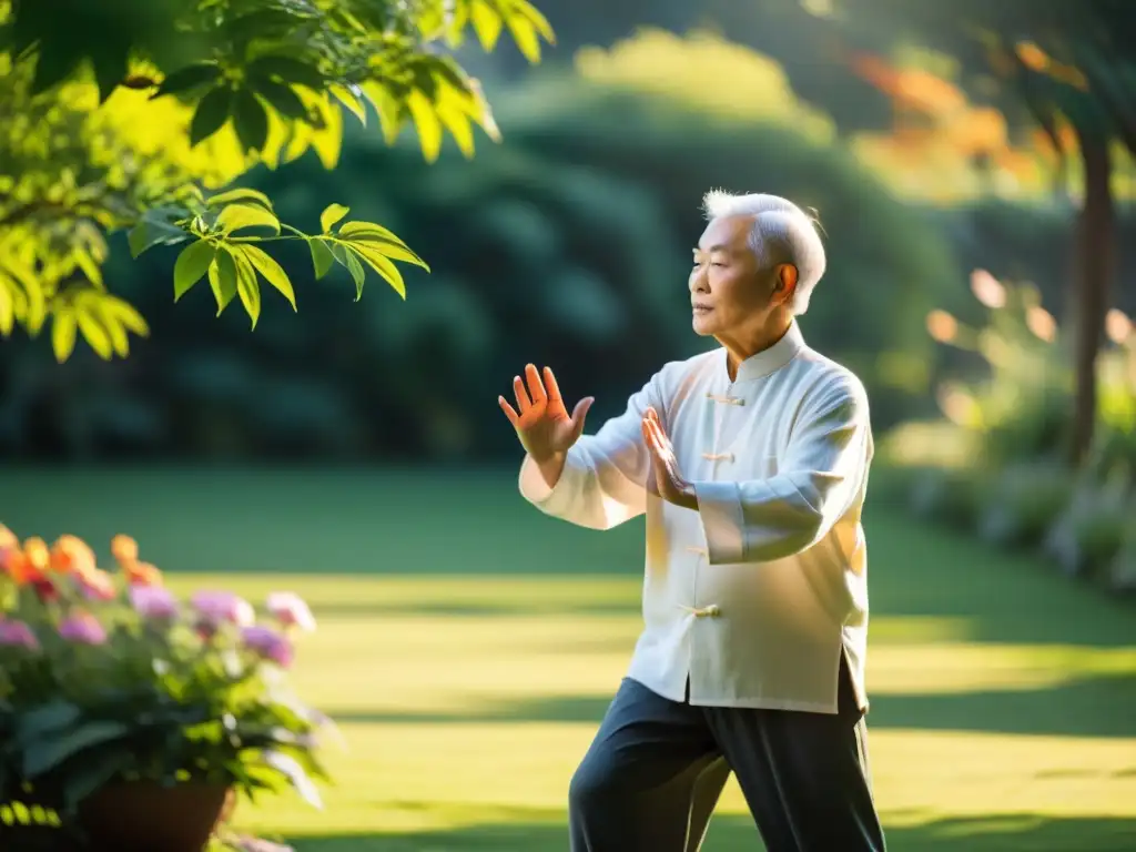 Un anciano practica Tai Chi con gracia en un jardín sereno y soleado, irradiando calma y paz interior