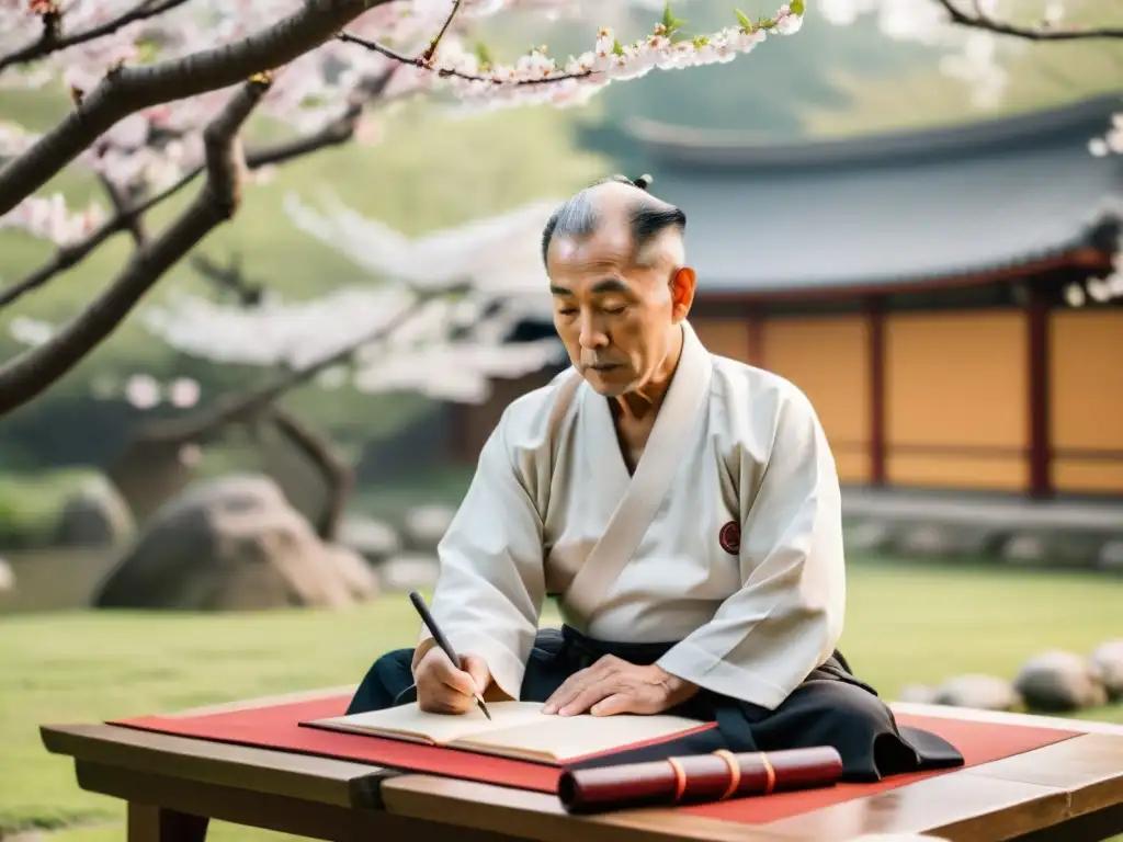 Un anciano maestro de artes marciales en un jardín tranquilo, rodeado de cerezos en flor