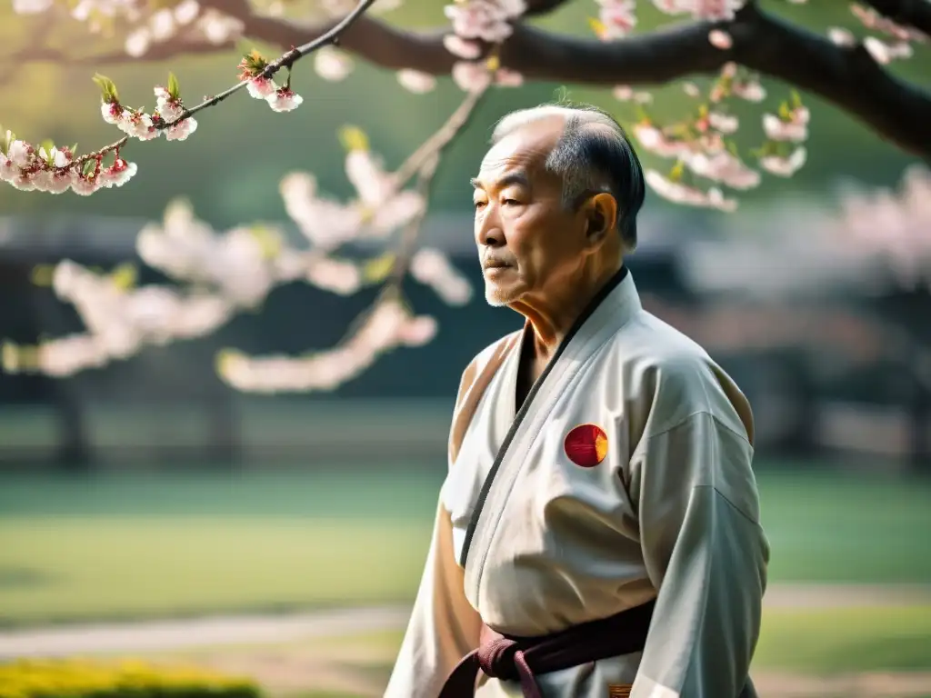 Un anciano maestro de artes marciales practica movimientos precisos en un jardín sereno con cerezos en flor