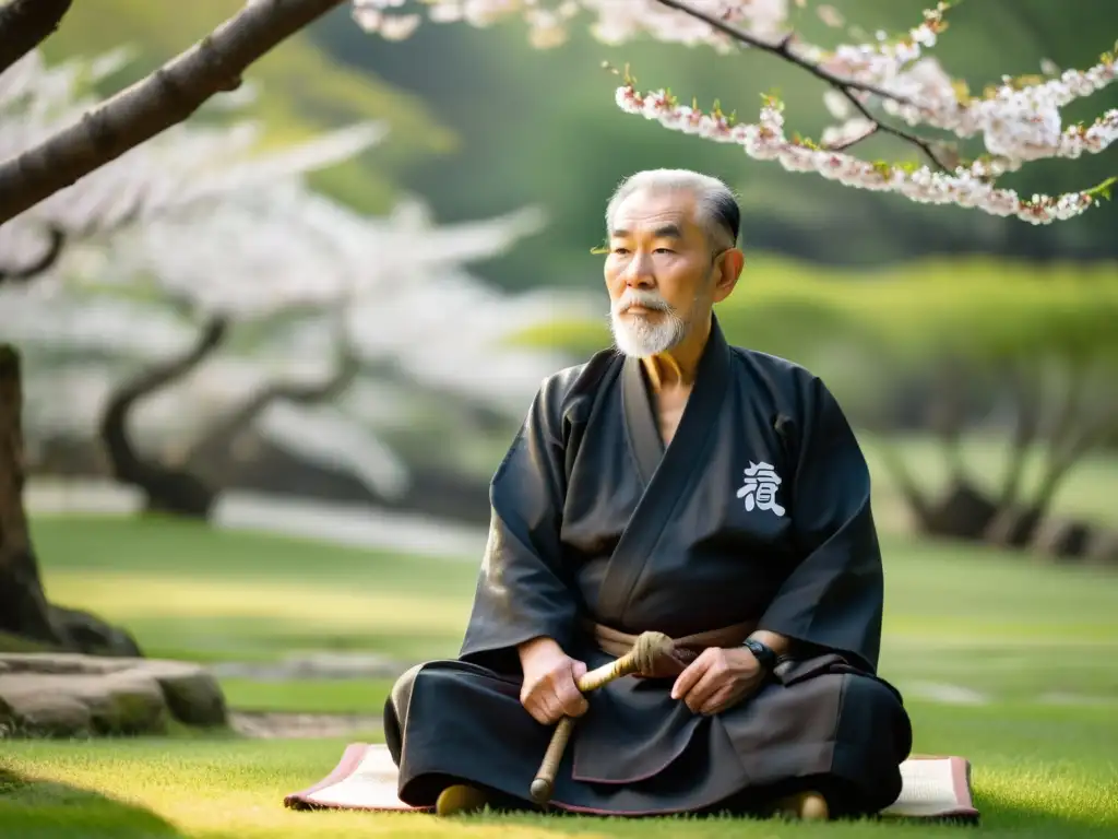 Un anciano maestro de artes marciales en un jardín sereno, rodeado de árboles de cerezo en flor