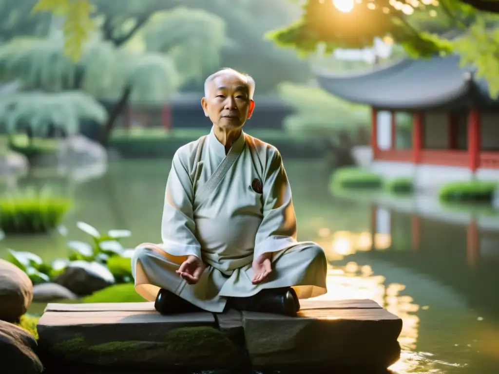 Maestro de chi kung en jardín chino al amanecer Un anciano maestro practica chi kung al amanecer en un jardín chino tradicional, rodeado de exuberante vegetación y la suave luz matutina