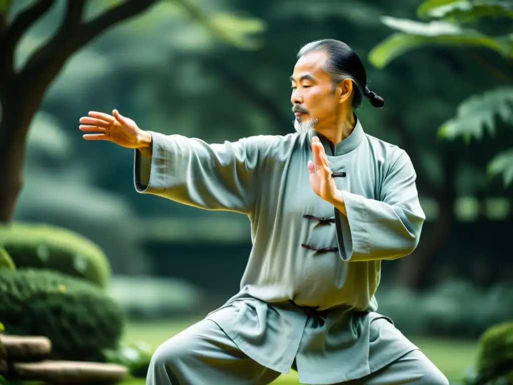 Un anciano maestro de Tai Chi ejecuta movimientos gráciles en un jardín sereno y brumoso, transmitiendo sabiduría y paz interior