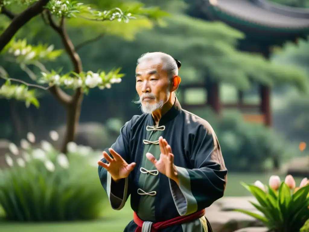 Un anciano maestro de Kung Fu se concentra en movimientos de Qi Gong en un jardín tranquilo, con energía vital en Kung Fu