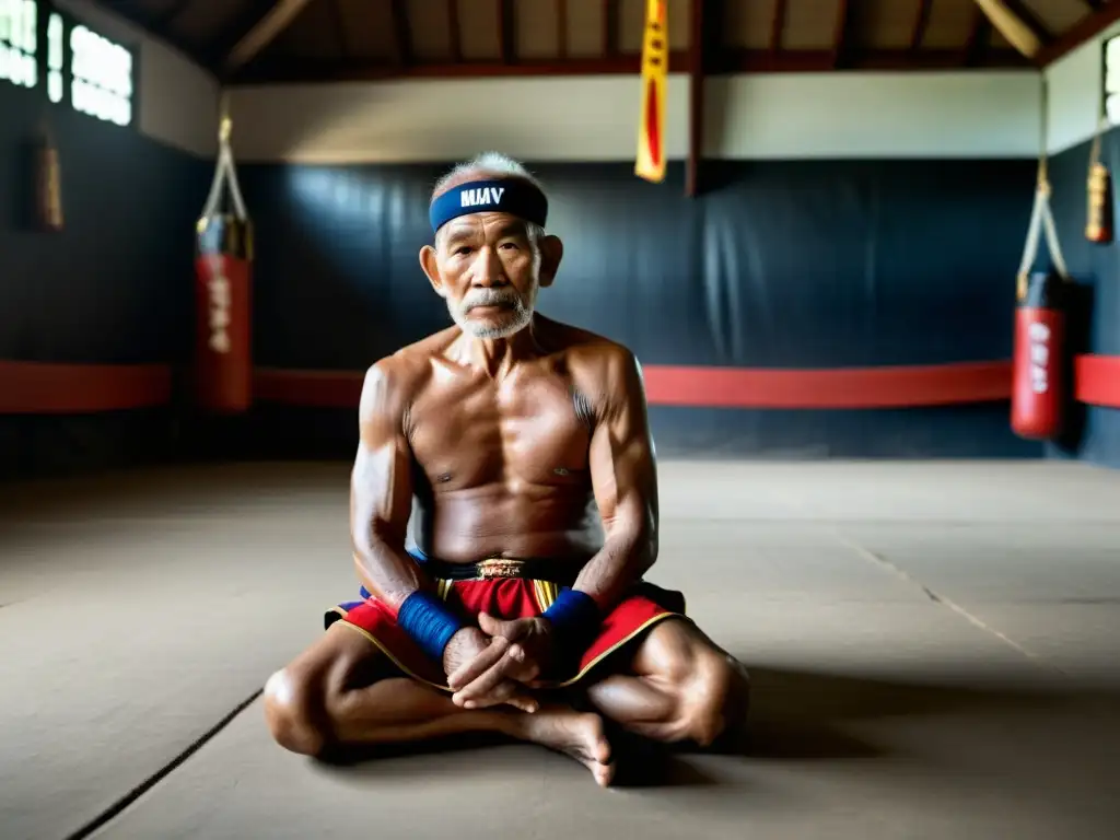 Un anciano maestro de Muay Thai, con años de experiencia, está sentado en un salón de entrenamiento iluminado por suaves linternas