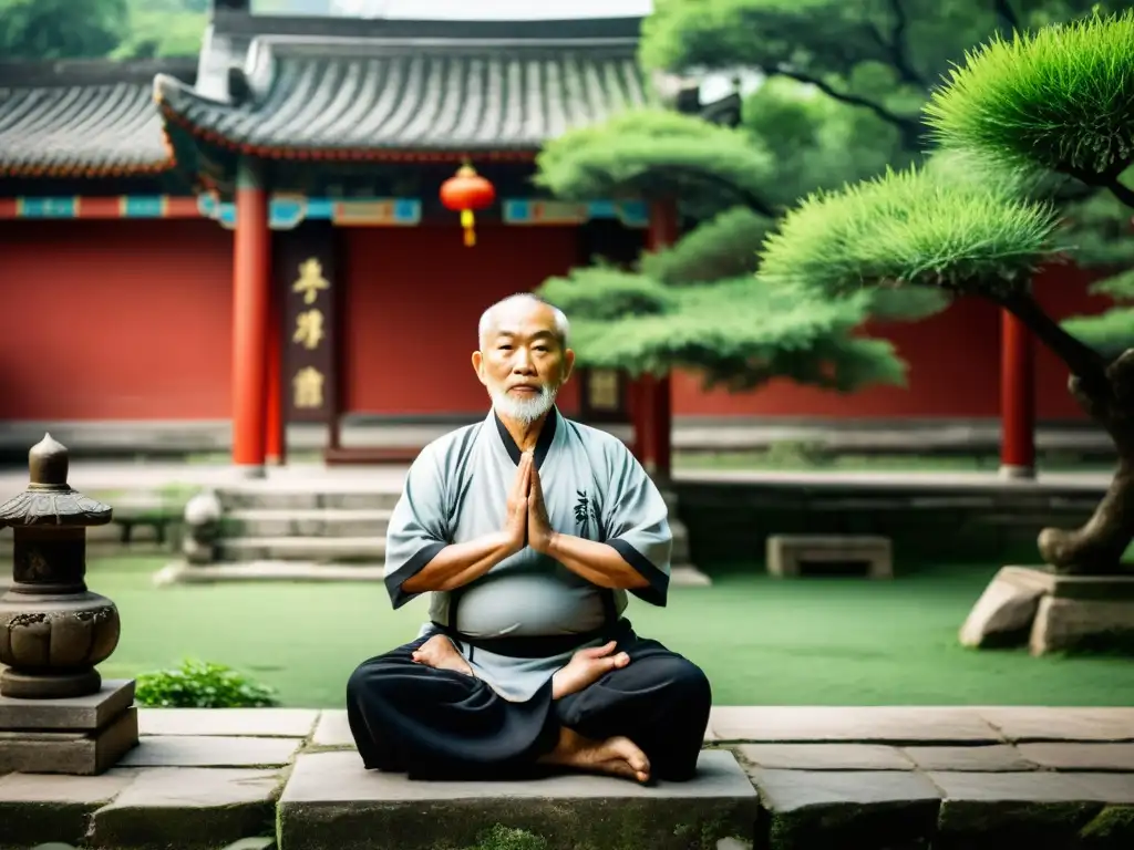 Un anciano maestro de kung fu medita en un patio chino tradicional rodeado de naturaleza exuberante y estatuas antiguas