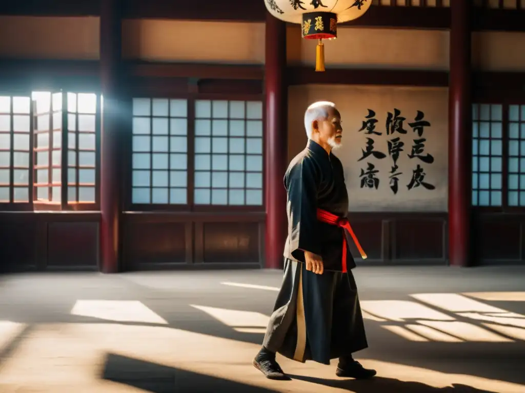 Un anciano maestro de Kung Fu, rodeado de estudiantes en un salón tradicional iluminado por la luz solar