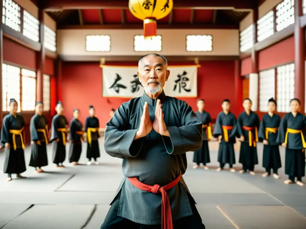 Un anciano maestro de Kung Fu en un salón tradicional con estudiantes de todas las edades practicando varias técnicas