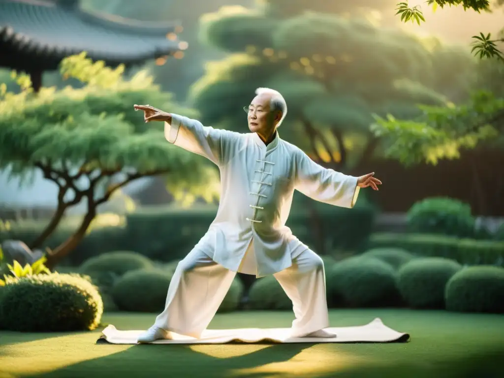 Un anciano maestro de Tai Chi, vistiendo túnicas blancas, practica con gracia y serenidad en un jardín cubierto de niebla al amanecer