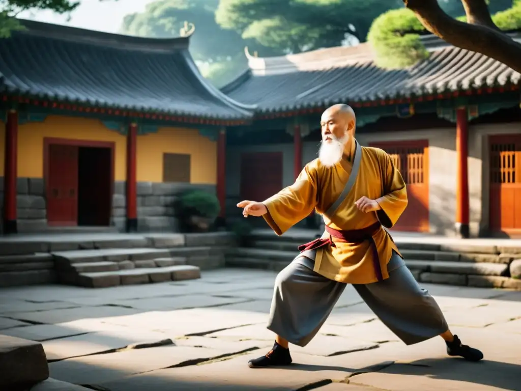 Un anciano monje Shaolin con barba blanca realiza movimientos precisos y poderosos en un patio sereno rodeado de antiguos edificios de piedra