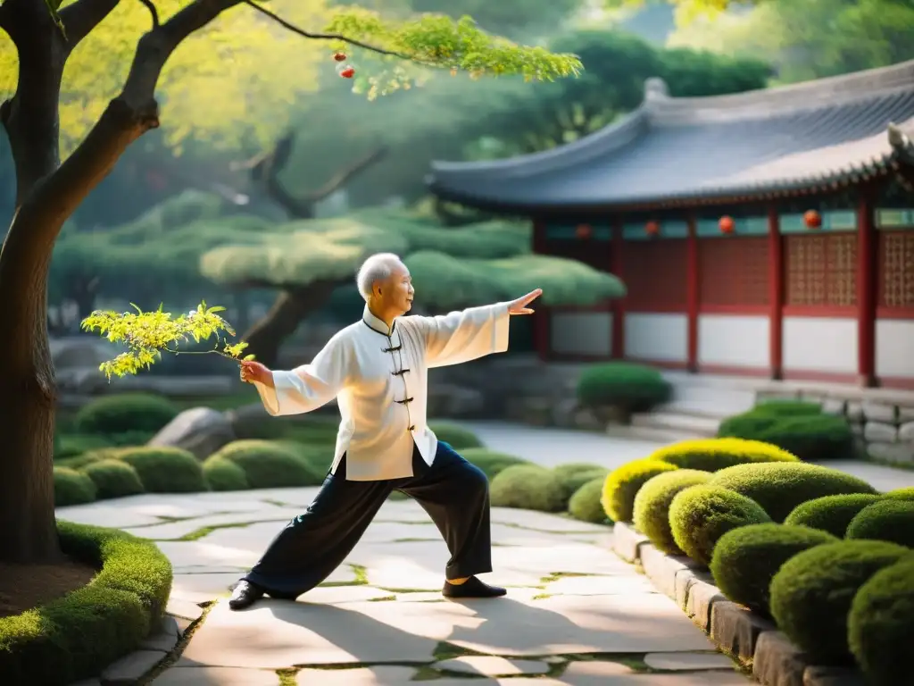 Un anciano practicante de Tai Chi Chuan se mueve con gracia en un jardín chino, rodeado de flores de cerezo