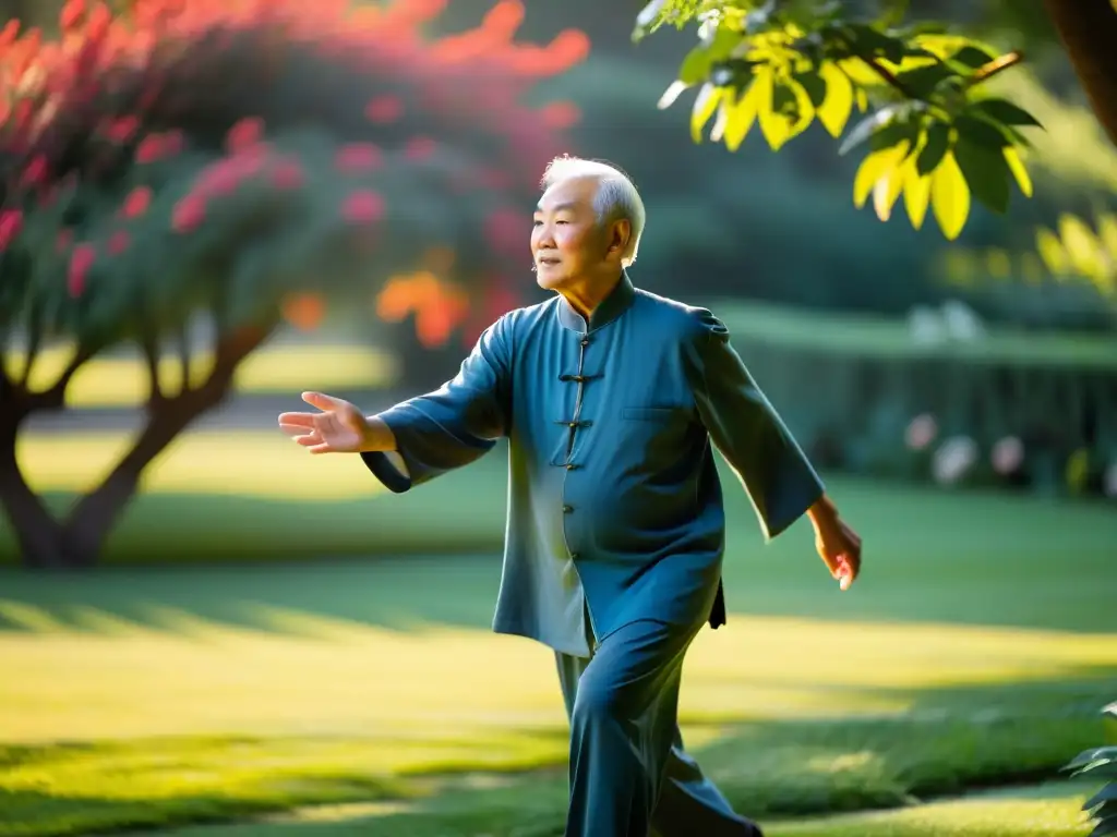 Un anciano practicante de tai chi con expresión serena, moviéndose grácilmente en un jardín al amanecer