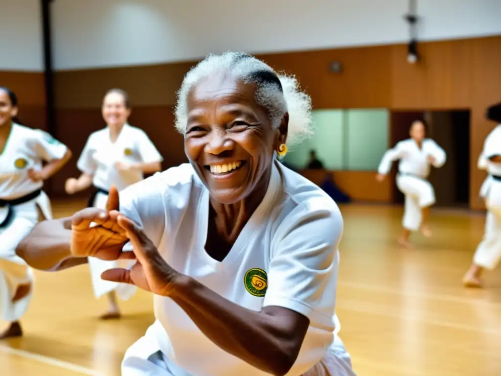 Un anciano sonriente practica capoeira con camaradería y vitalidad