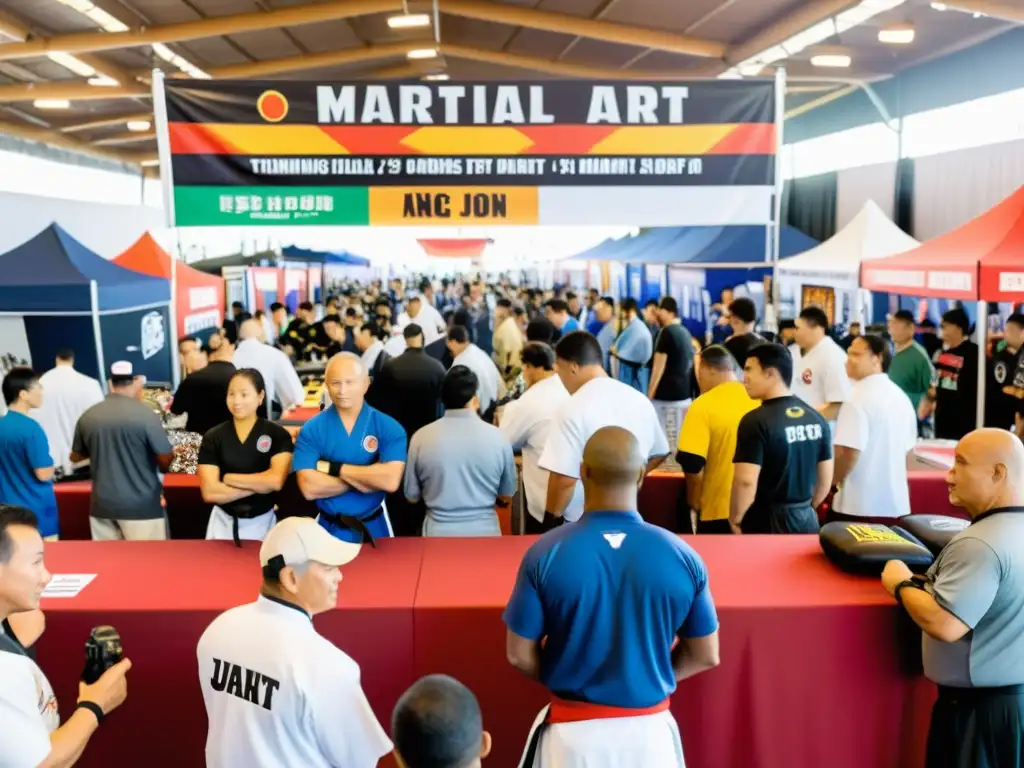 Animado evento de artes marciales con espectadores y vendedores de merchandising